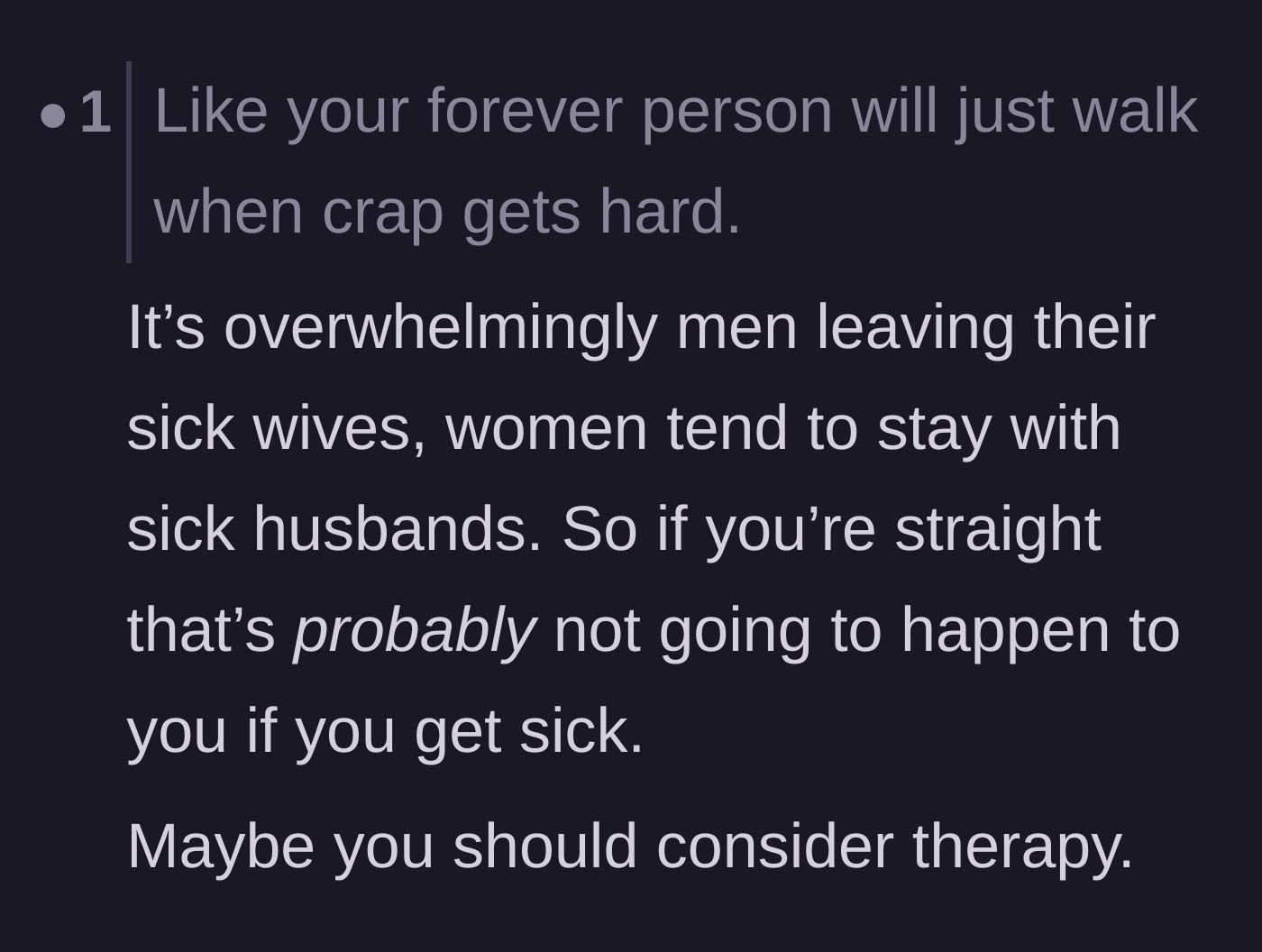 Comment thread 4 - Empathy for the son's fear of commitment, noting statistics about men leaving sick partners, and a recommendation for therapy.
