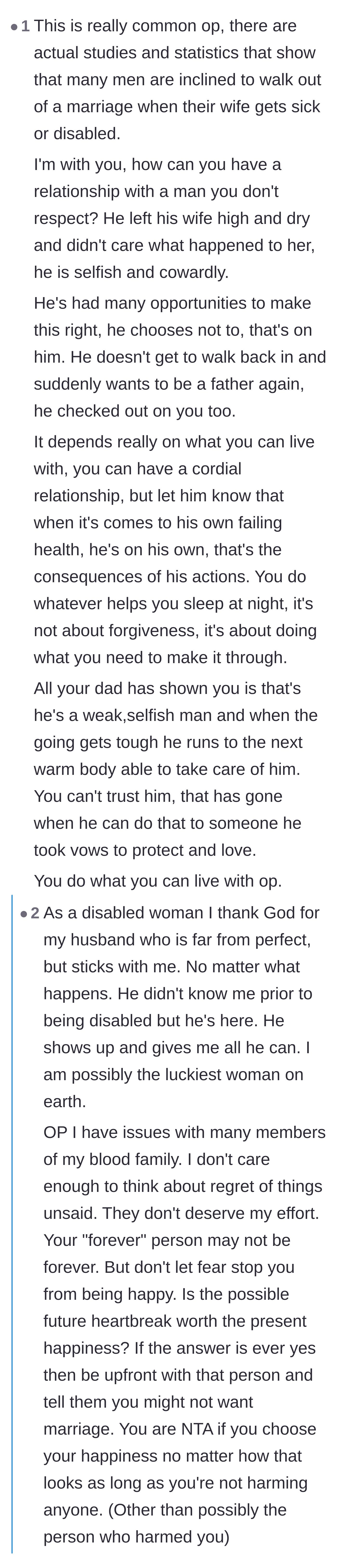 Comment thread 6 - Validation of the son's anger using statistics about sick spouse abandonment, coupled with a hopeful perspective from a disabled woman in a loving marriage.
