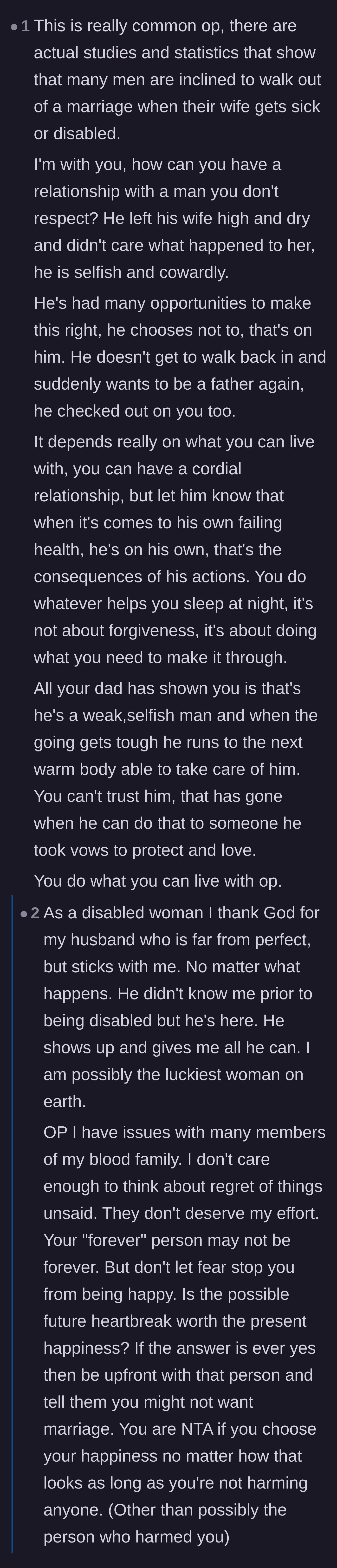 Comment thread 6 - Validation of the son's anger using statistics about sick spouse abandonment, coupled with a hopeful perspective from a disabled woman in a loving marriage.