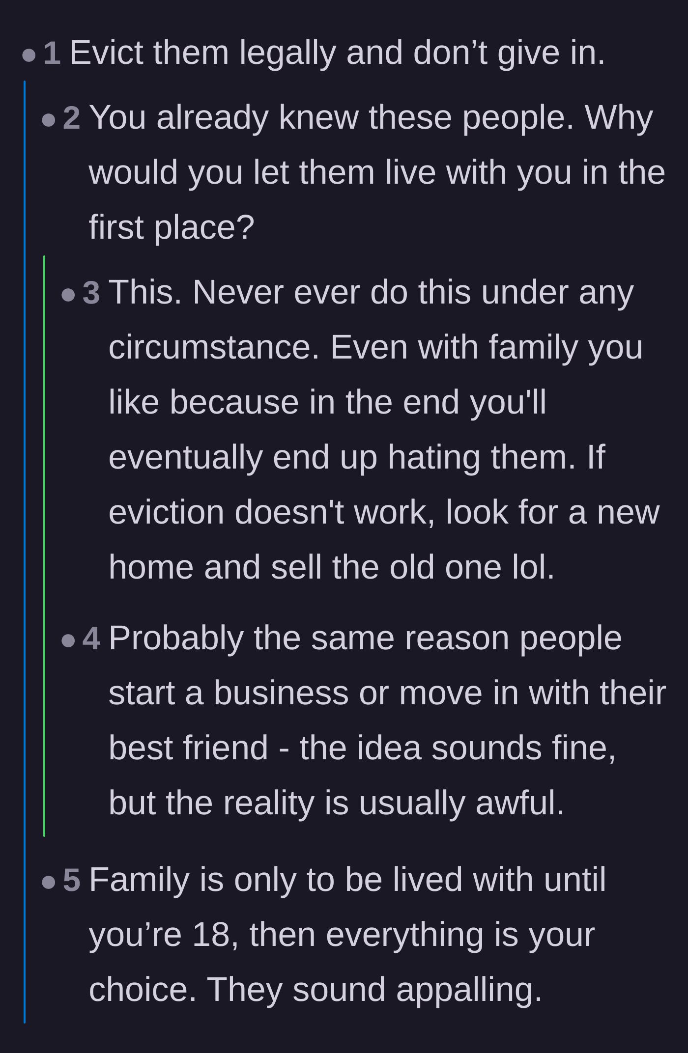 Comment thread 1 - Readers debating why the homeowner allowed his family to move in initially.