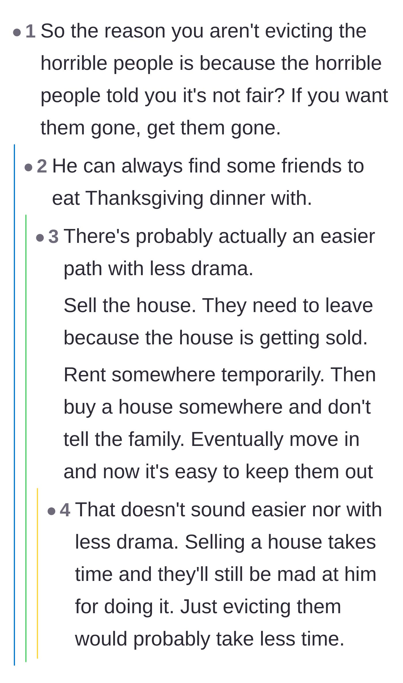 Comment thread 2 - Discussion on whether he should just sell the house or go through the formal eviction process.