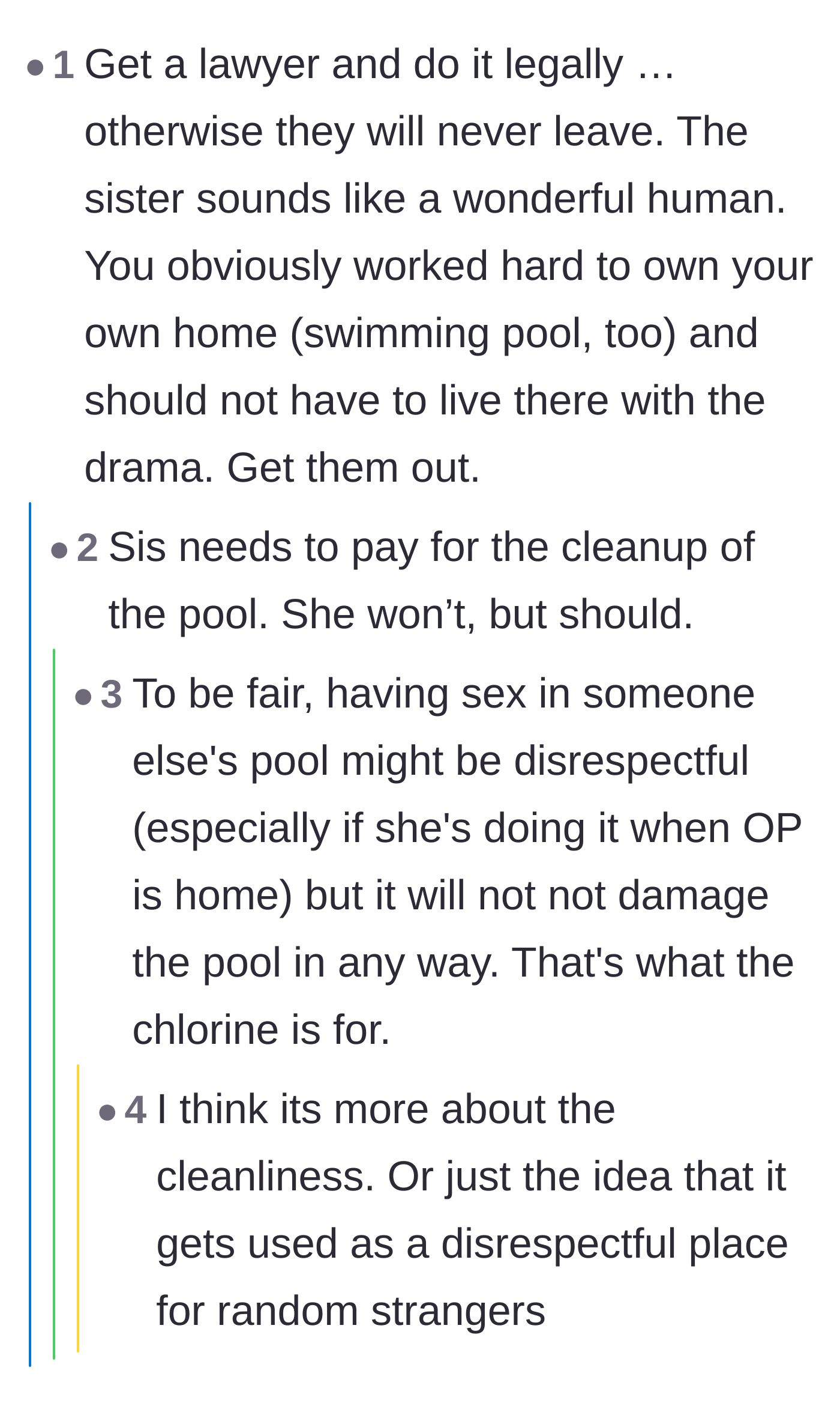 Comment thread 3 - Analyzing the legal requirements for eviction and the absolute disrespect of the sister’s behavior.