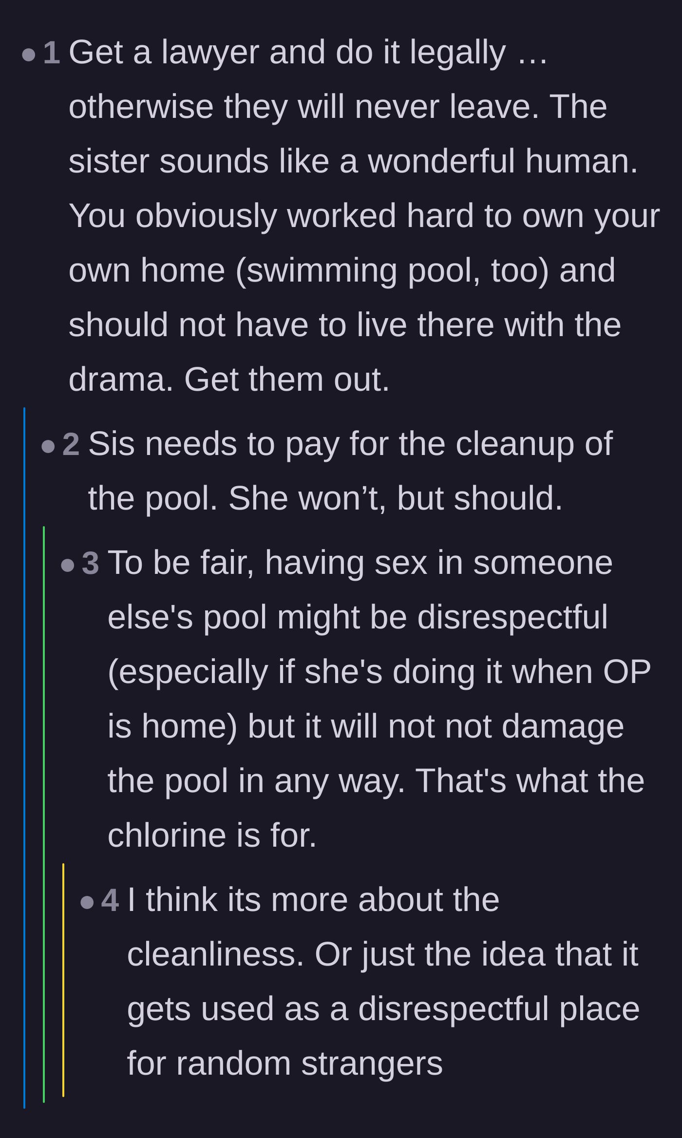 Comment thread 3 - Analyzing the legal requirements for eviction and the absolute disrespect of the sister’s behavior.
