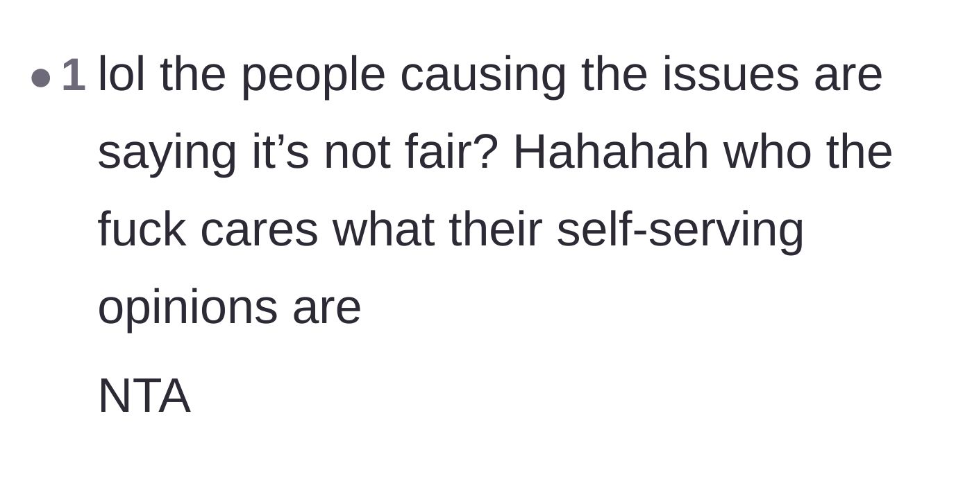 Comment thread 5 - A short, blunt reaction to the audacity of the family claiming the eviction is unfair.