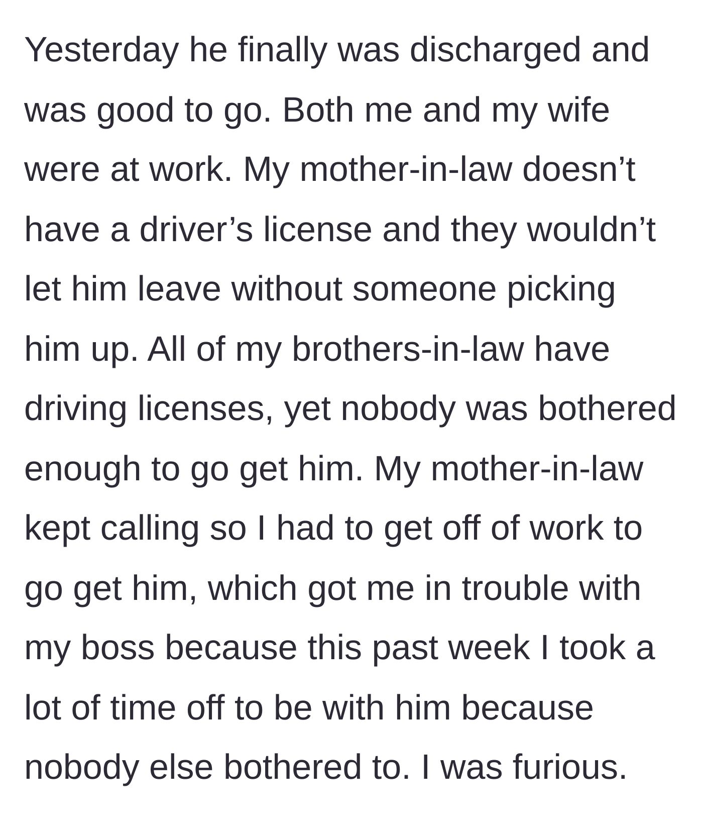 Story part 2 - Son-in-law risks his own job to pick up the discharged father-in-law after the sons refuse.