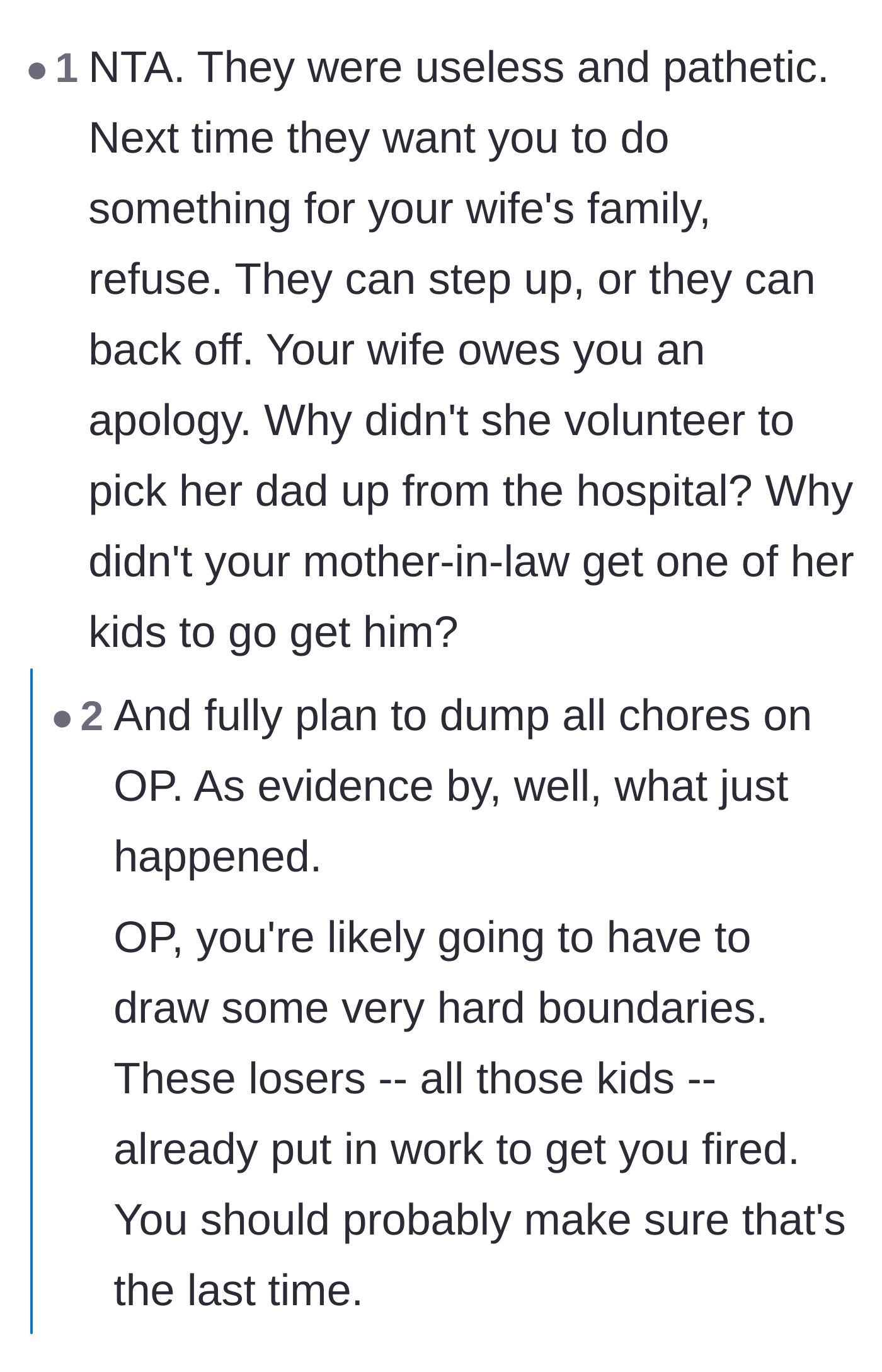 Comment thread 2 - Advice on setting firm boundaries with the in-laws to protect the husband's career.