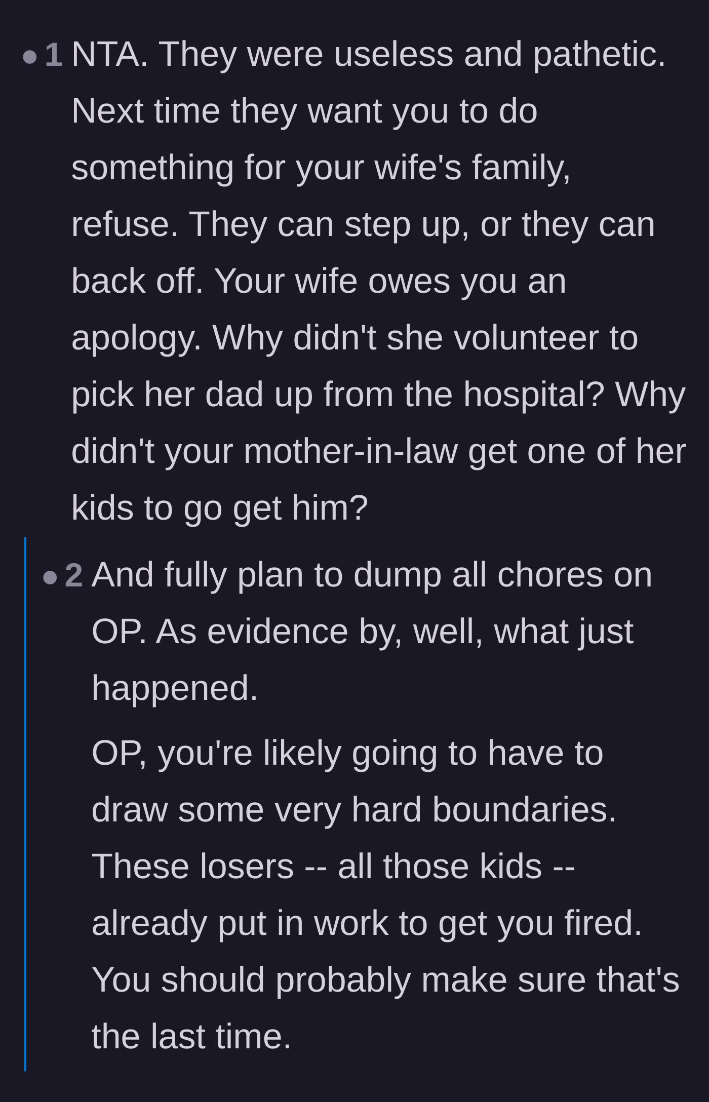 Comment thread 2 - Advice on setting firm boundaries with the in-laws to protect the husband's career.