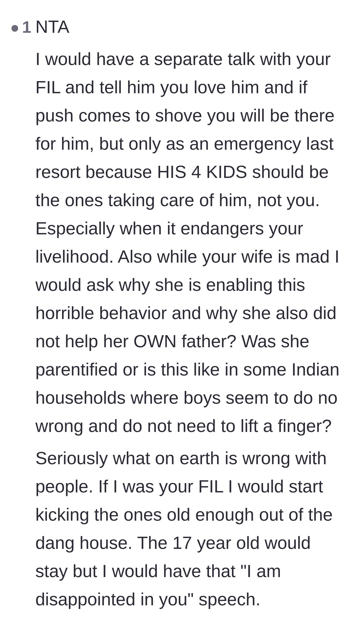Comment thread 4 - Suggestions for the husband to speak directly to his father-in-law and theories on why the family enables the sons.