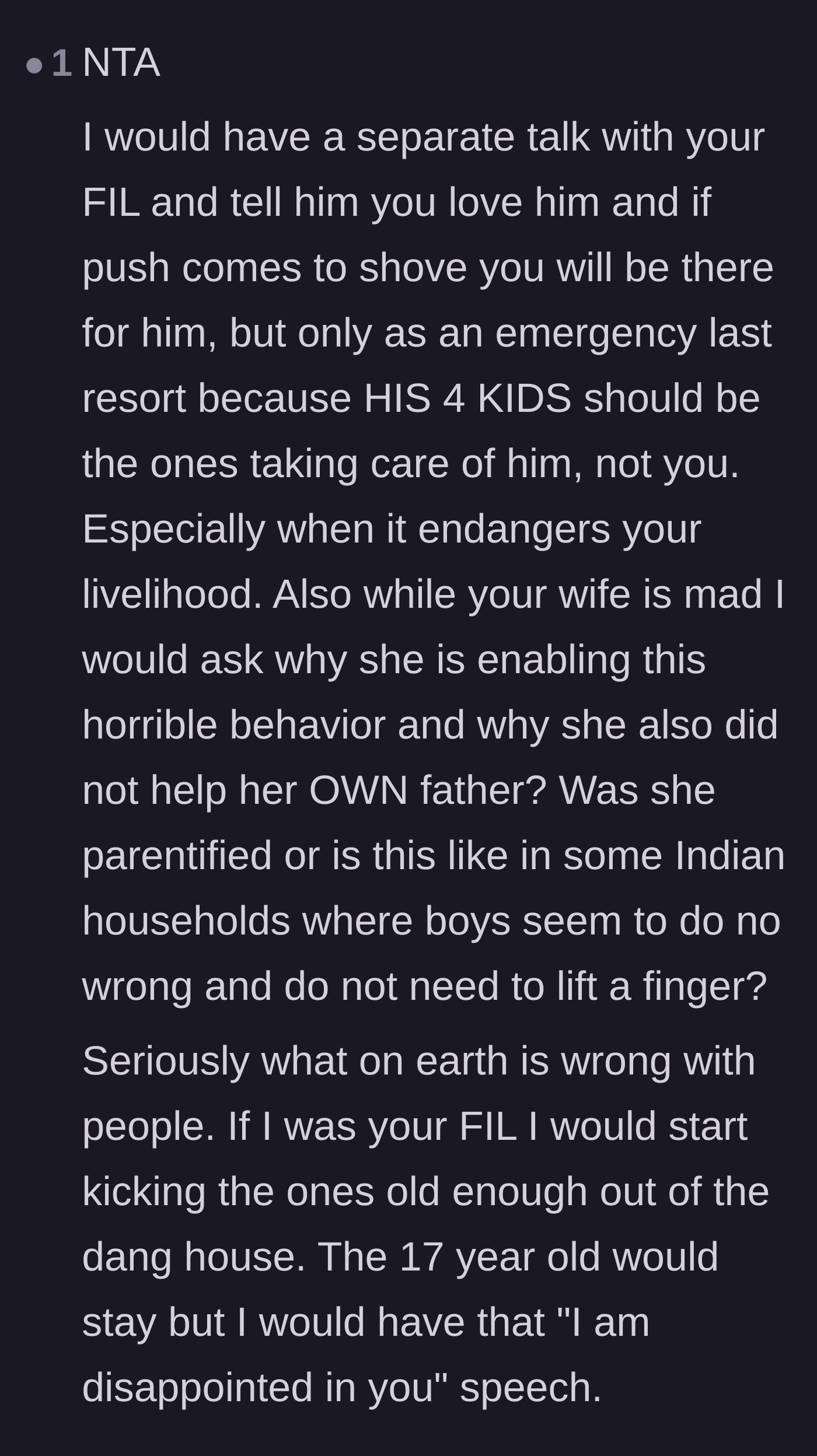 Comment thread 4 - Suggestions for the husband to speak directly to his father-in-law and theories on why the family enables the sons.