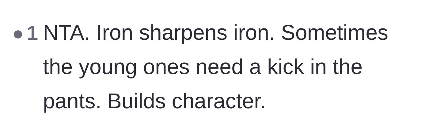 Comment thread 5 - A short comment arguing that harsh truths build character for entitled younger siblings.