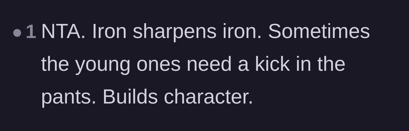 Comment thread 5 - A short comment arguing that harsh truths build character for entitled younger siblings.