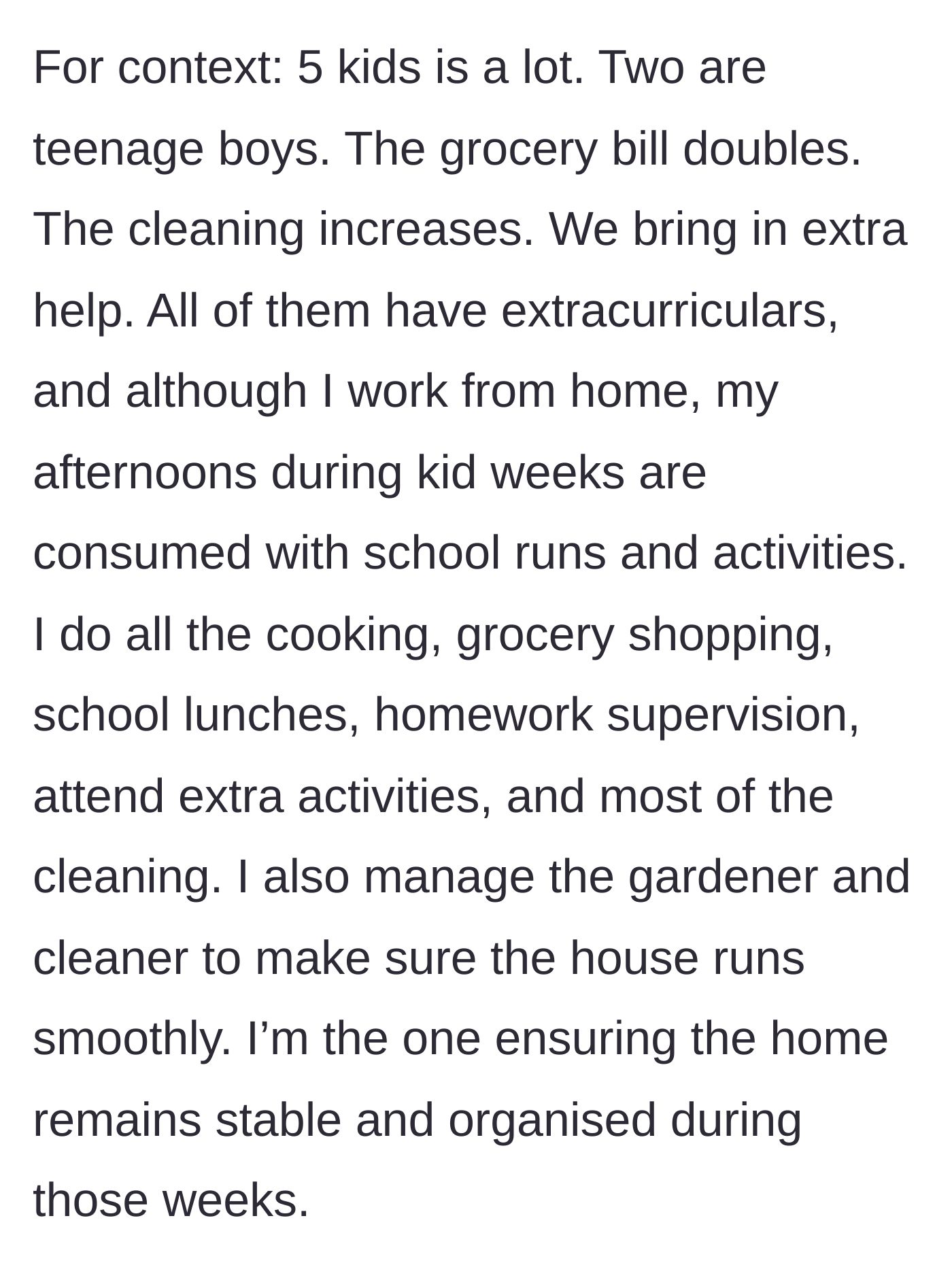Story part 4 - A tired stepmom managing groceries, cooking, cleaning, and daily extracurriculars for five kids while working from home.