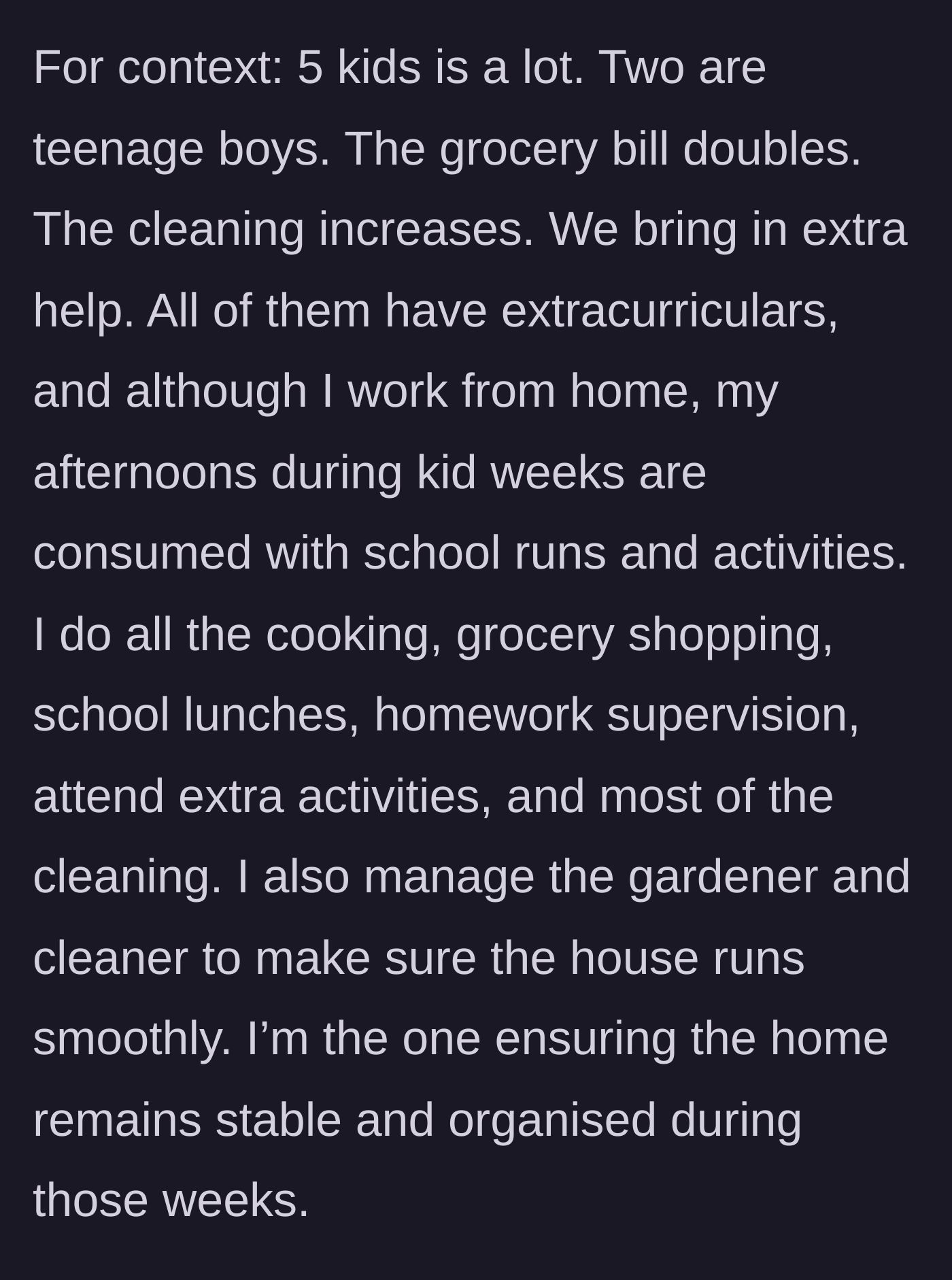 Story part 4 - A tired stepmom managing groceries, cooking, cleaning, and daily extracurriculars for five kids while working from home.