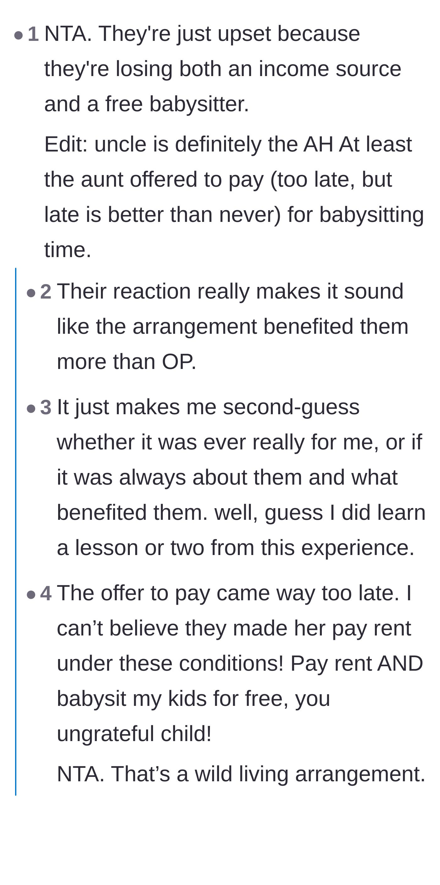 Comment thread 1 - Readers discussing how the aunt and uncle were benefiting from both rental income and free childcare.