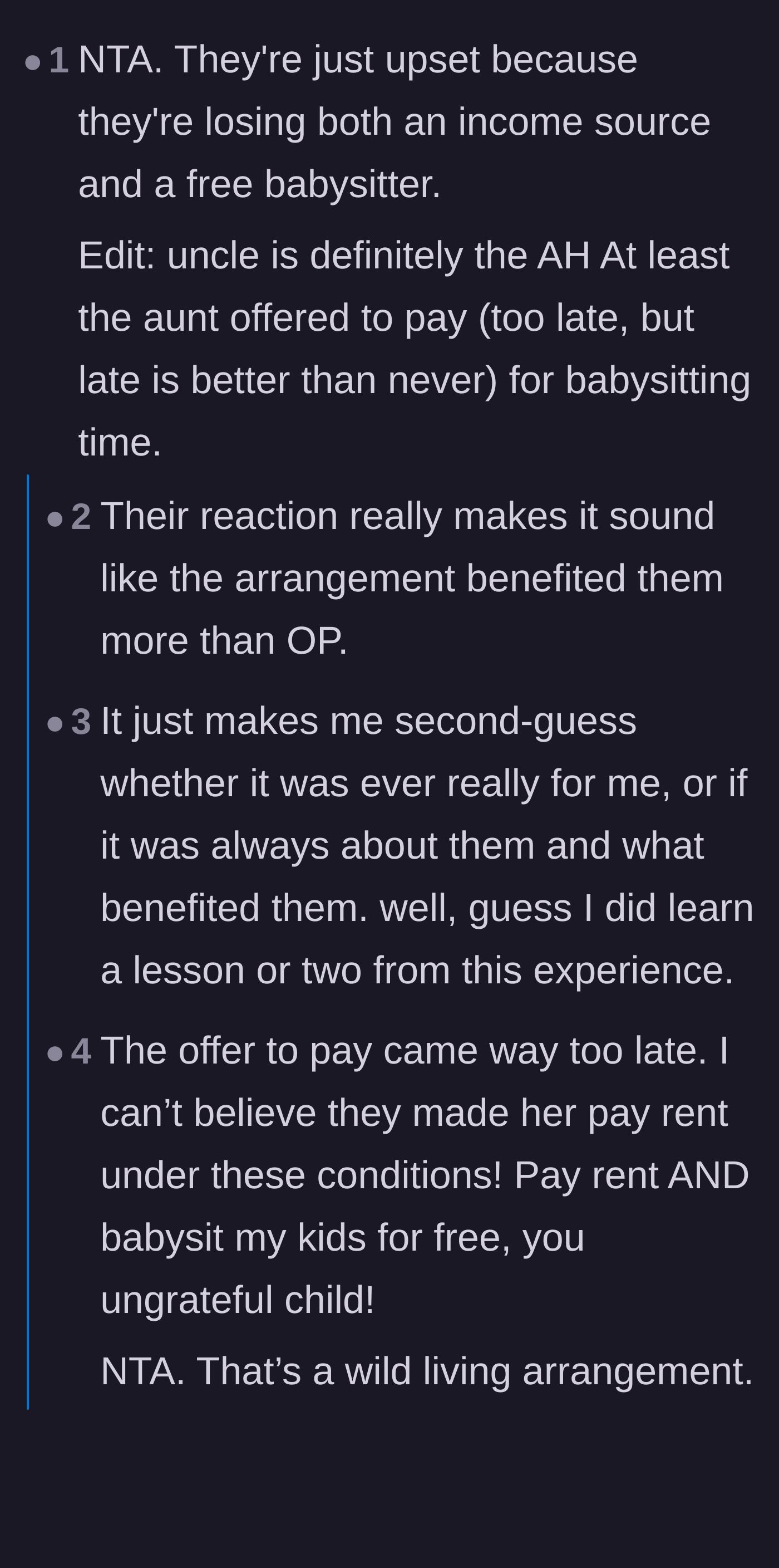 Comment thread 1 - Readers discussing how the aunt and uncle were benefiting from both rental income and free childcare.