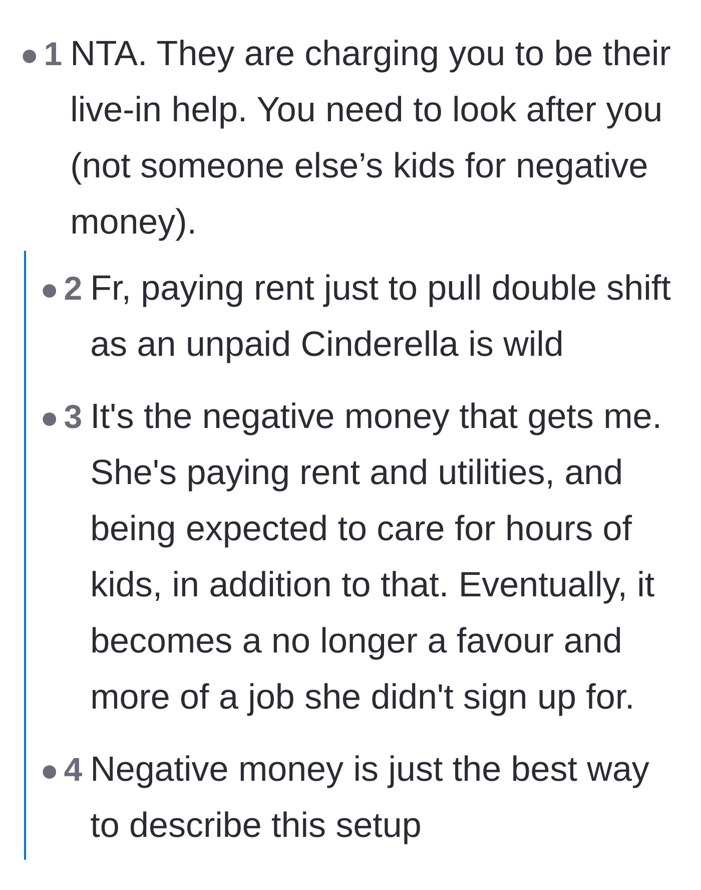 Comment thread 2 - Commenters calling the arrangement 'negative money' and comparing the student to an unpaid Cinderella.