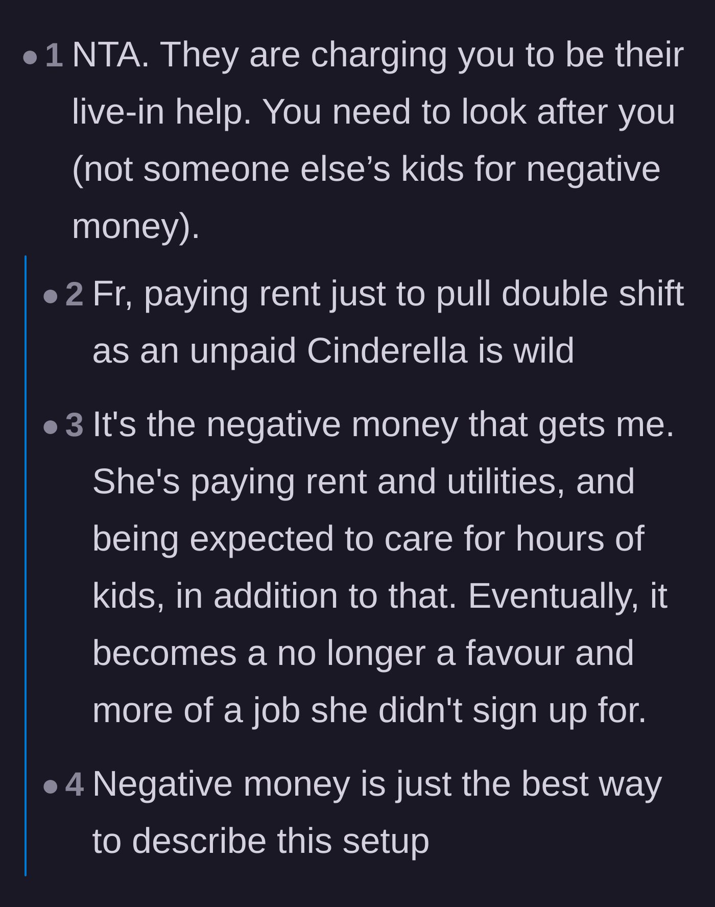Comment thread 2 - Commenters calling the arrangement 'negative money' and comparing the student to an unpaid Cinderella.