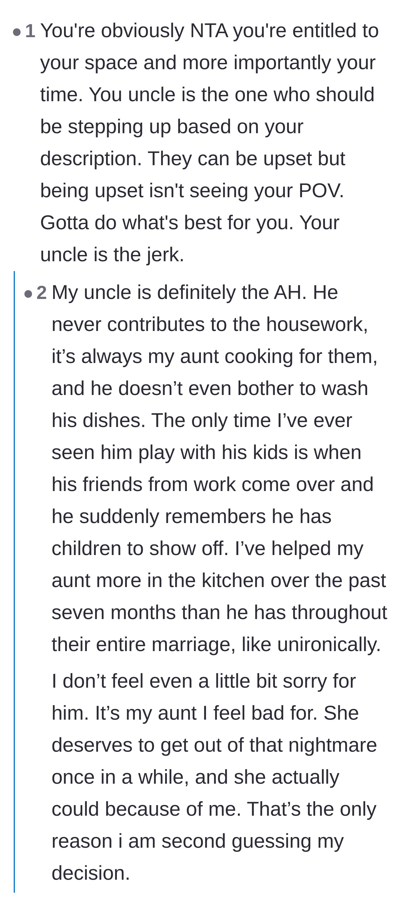 Comment thread 3 - A discussion about the uncle's lack of parenting and how the aunt enables his behavior by using her niece.
