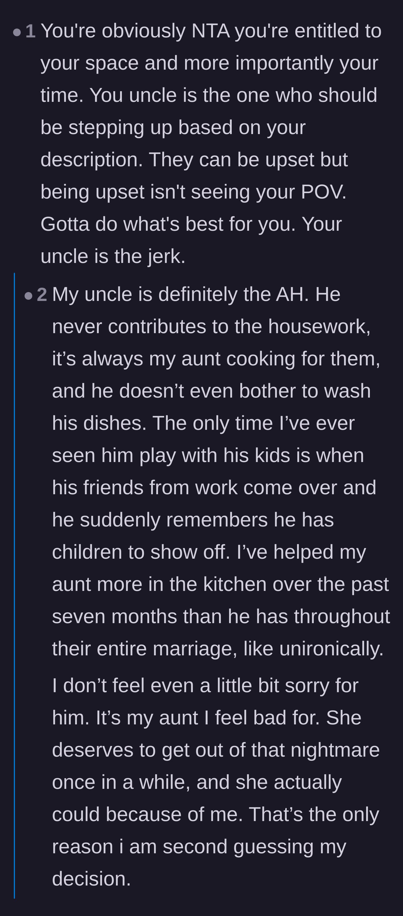 Comment thread 3 - A discussion about the uncle's lack of parenting and how the aunt enables his behavior by using her niece.