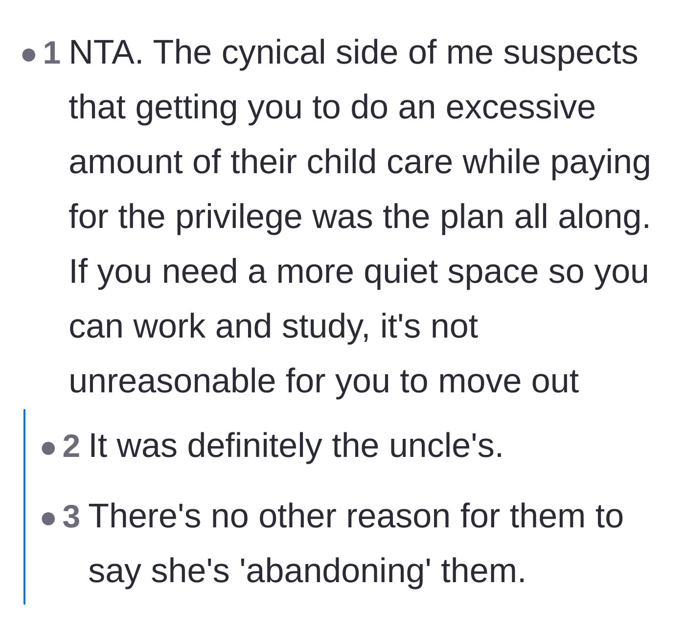 Comment thread 4 - Readers theorizing that the aunt and uncle planned to use the student for childcare from the very beginning.