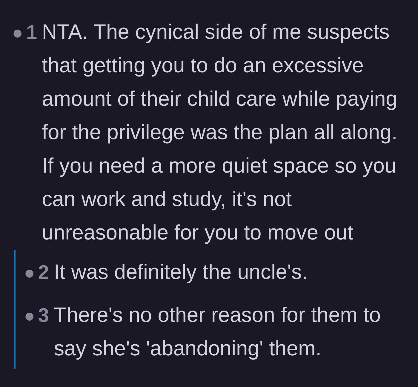 Comment thread 4 - Readers theorizing that the aunt and uncle planned to use the student for childcare from the very beginning.