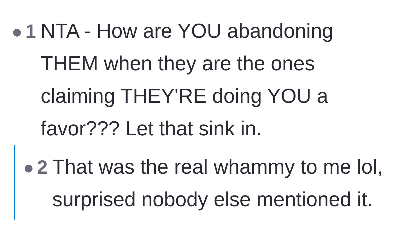 Comment thread 5 - Pointing out the hypocrisy of the relatives claiming they were doing a favor while simultaneously accusing the student of abandoning them.