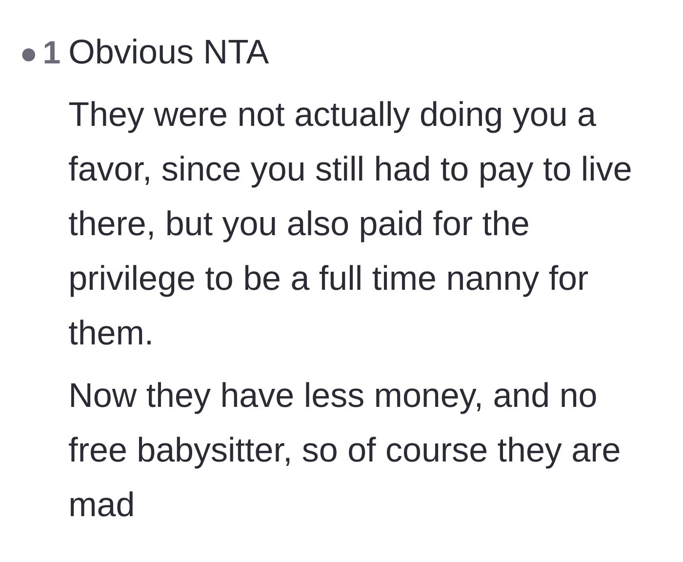Comment thread 6 - A straightforward summary explaining that the relatives are only mad because they lost money and a free nanny.