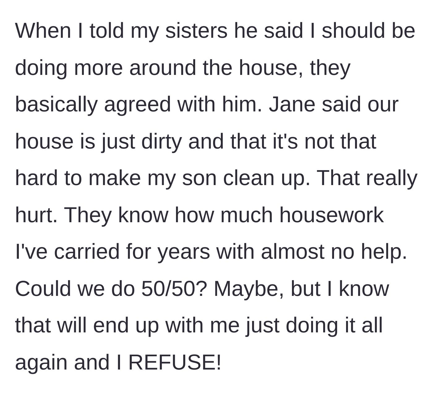 Story part 4 - Two sisters ganging up on the working mom and agreeing with her husband.