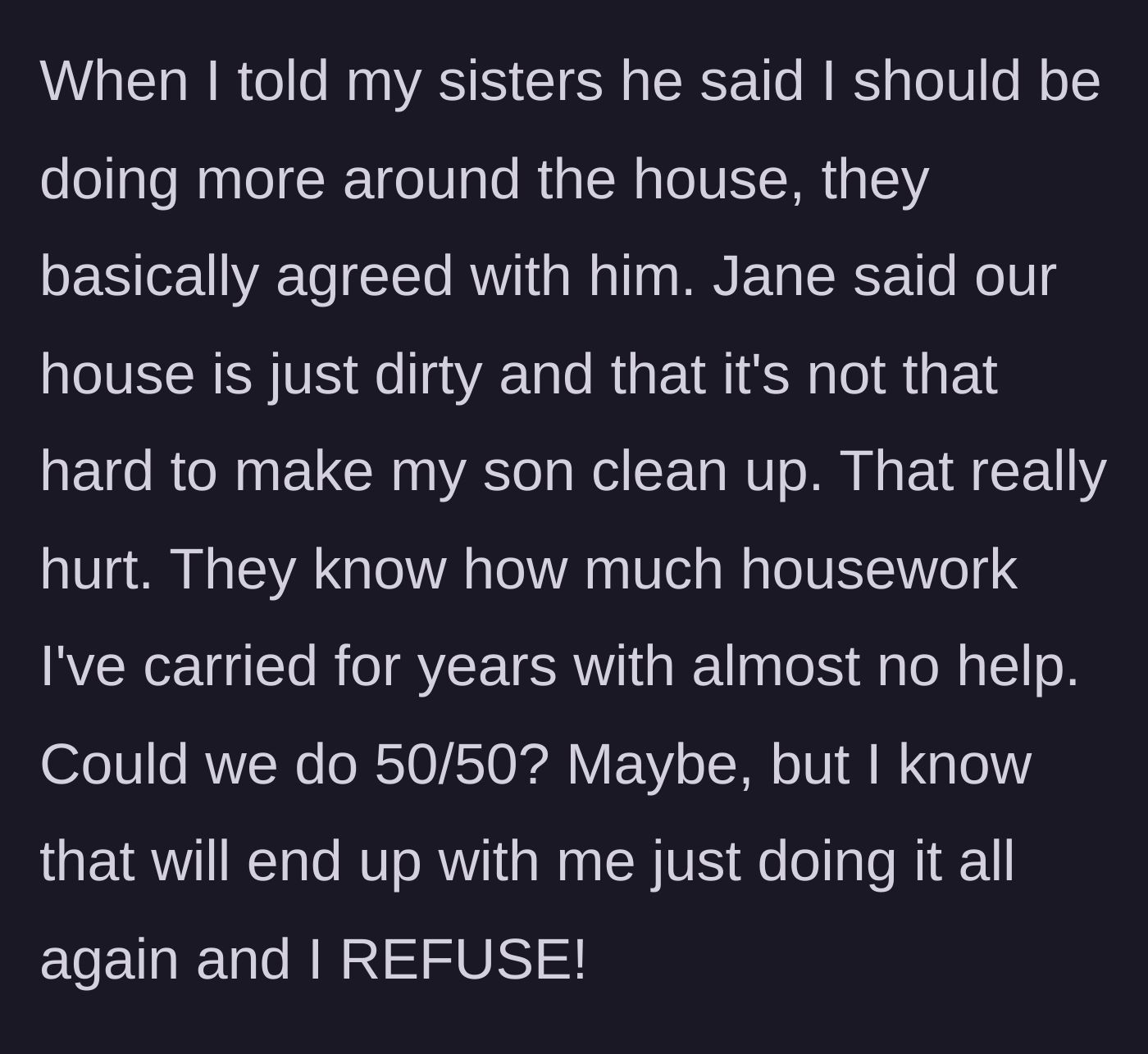 Story part 4 - Two sisters ganging up on the working mom and agreeing with her husband.