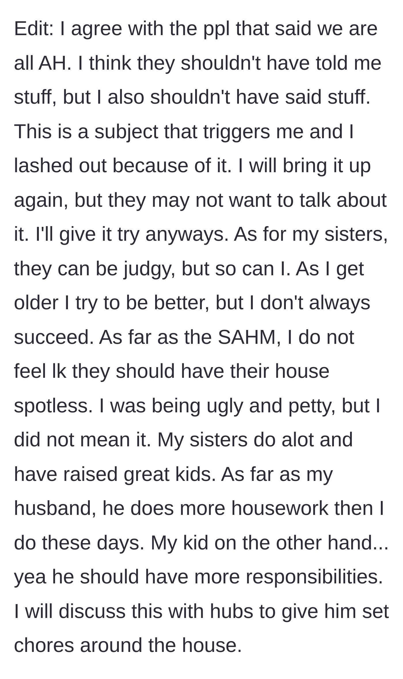 Story part 9 - An edit showing the mom reflecting on her mistakes and planning to assign chores.
