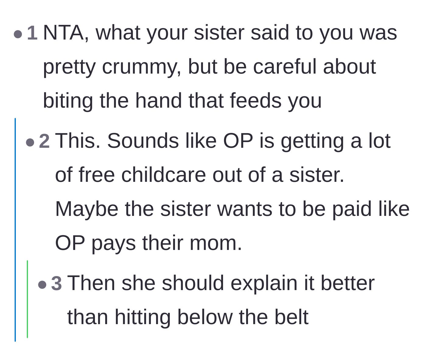 Comment thread 2 - A warning about insulting a sister who provides a lot of free childcare.