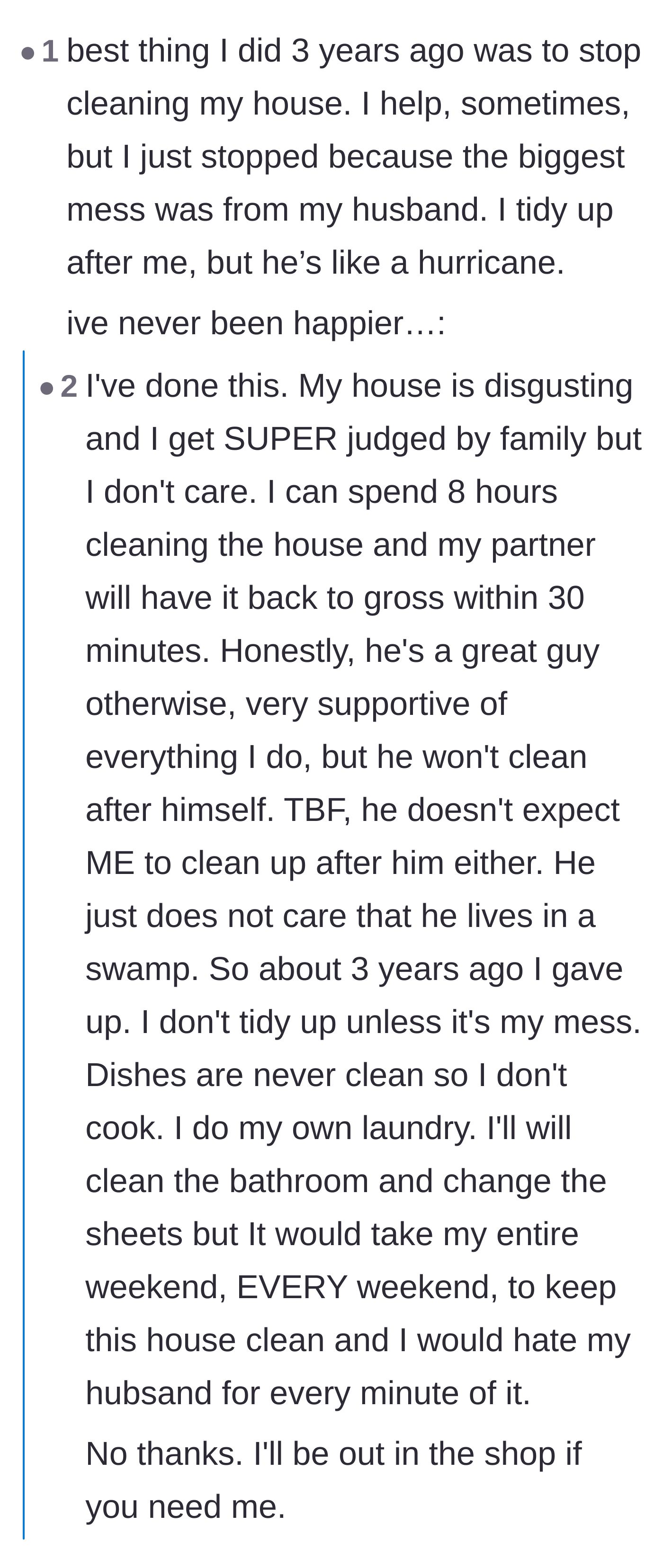 Comment thread 5 - Wives sharing their own stories of going on a cleaning strike to survive their messy husbands.