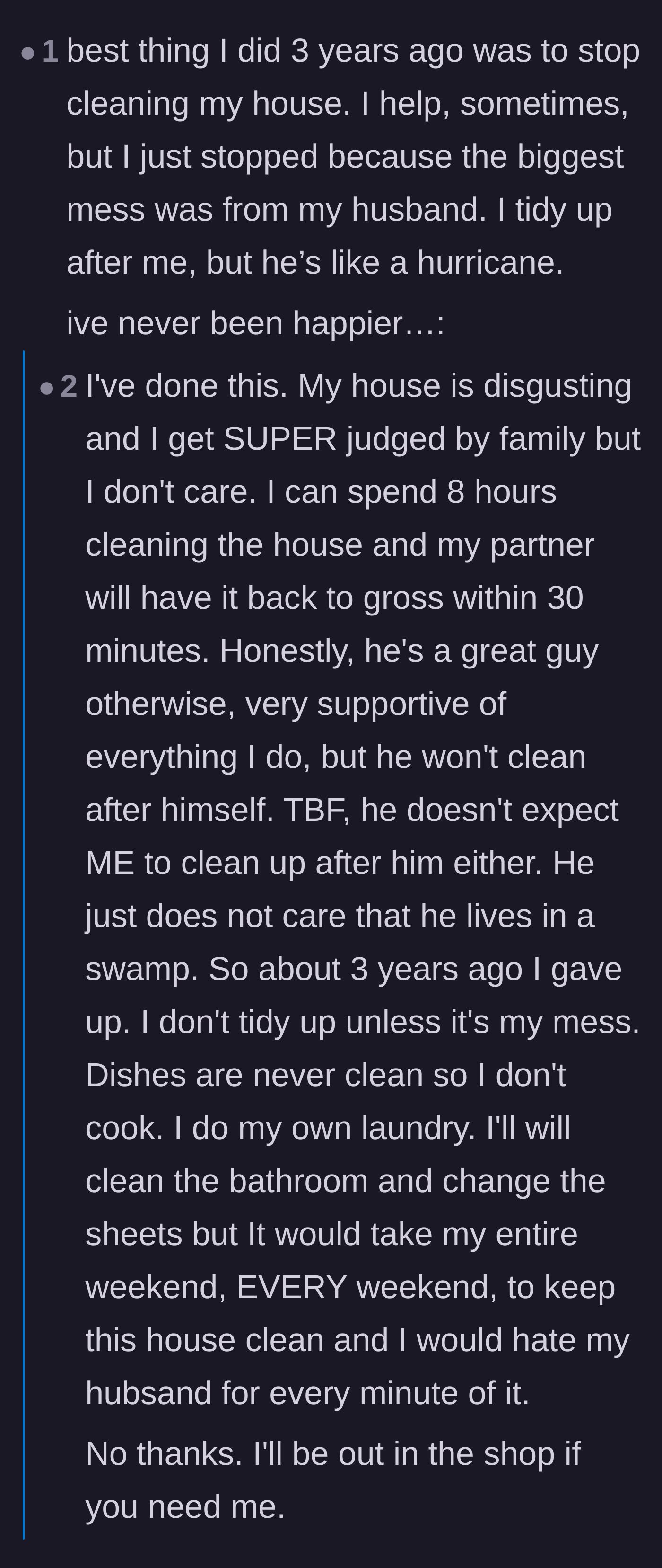 Comment thread 5 - Wives sharing their own stories of going on a cleaning strike to survive their messy husbands.
