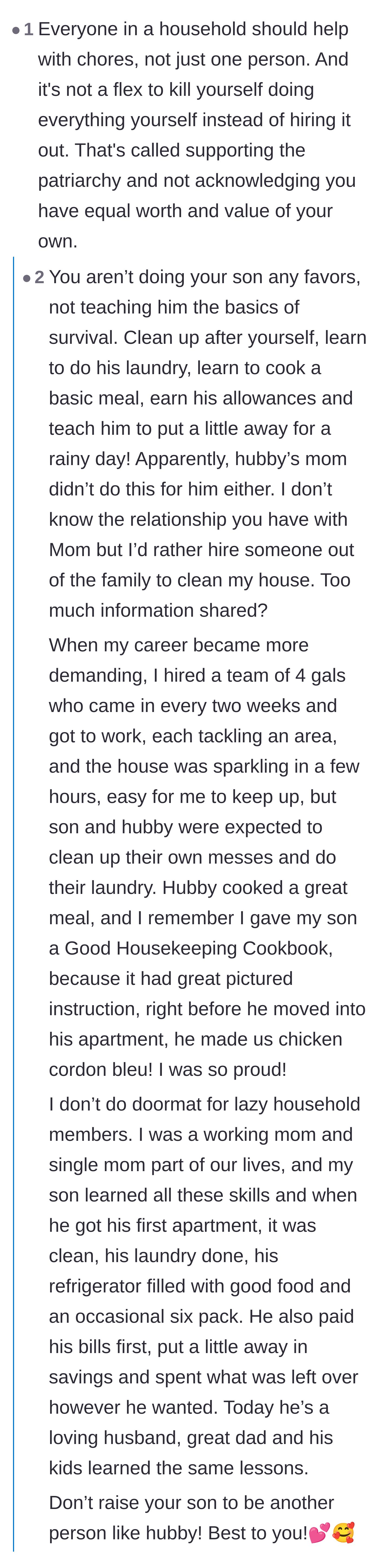 Comment thread 6 - Advice on making sure the teenage son learns how to do chores so he doesn't become like his father.