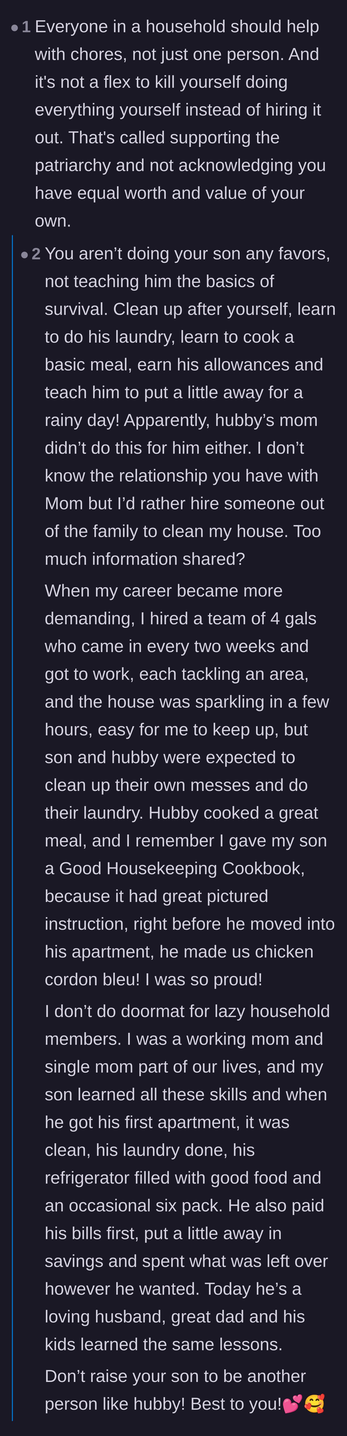 Comment thread 6 - Advice on making sure the teenage son learns how to do chores so he doesn't become like his father.