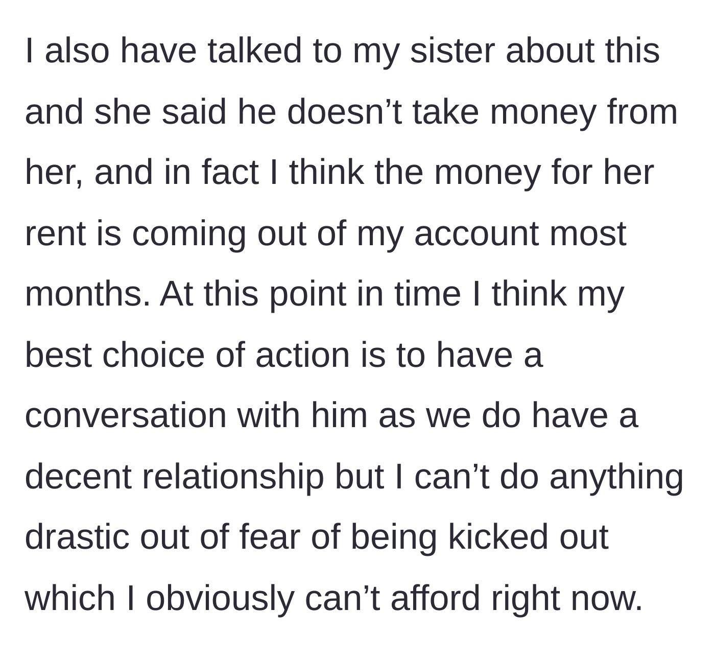 Story part 8 - A conversation with the older sister revealing the stolen money is likely funding the sister's rent, trapping the author in fear of eviction.