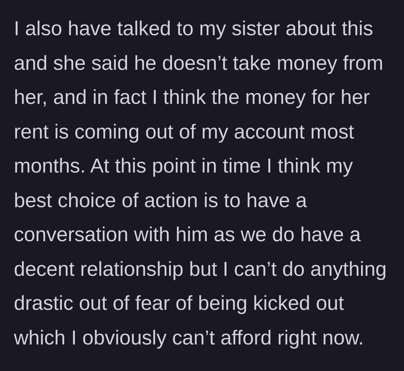 Story part 8 - A conversation with the older sister revealing the stolen money is likely funding the sister's rent, trapping the author in fear of eviction.