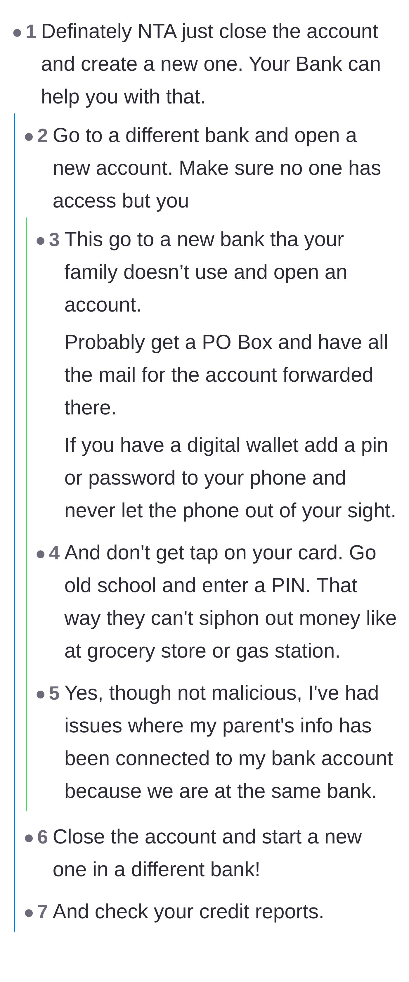 Comment thread 1 - Readers debating the logistics of escaping a joint account, including opening an account at a totally different bank and securing digital privacy.