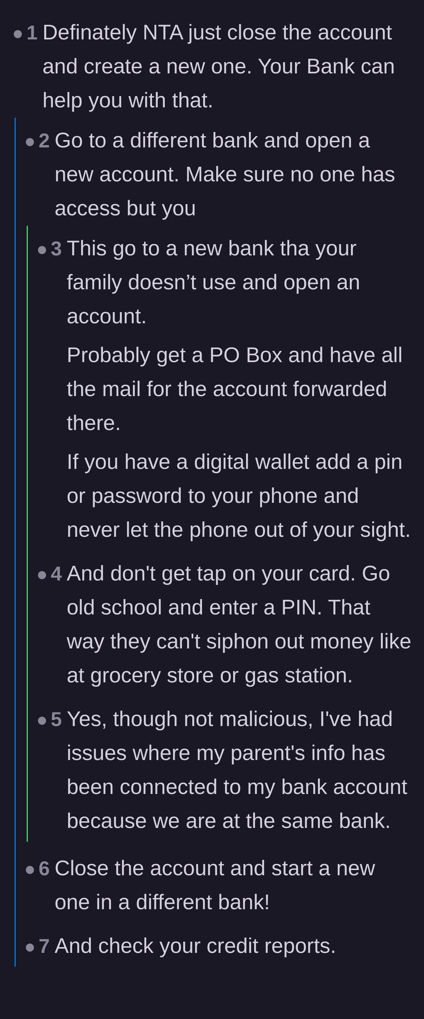 Comment thread 1 - Readers debating the logistics of escaping a joint account, including opening an account at a totally different bank and securing digital privacy.