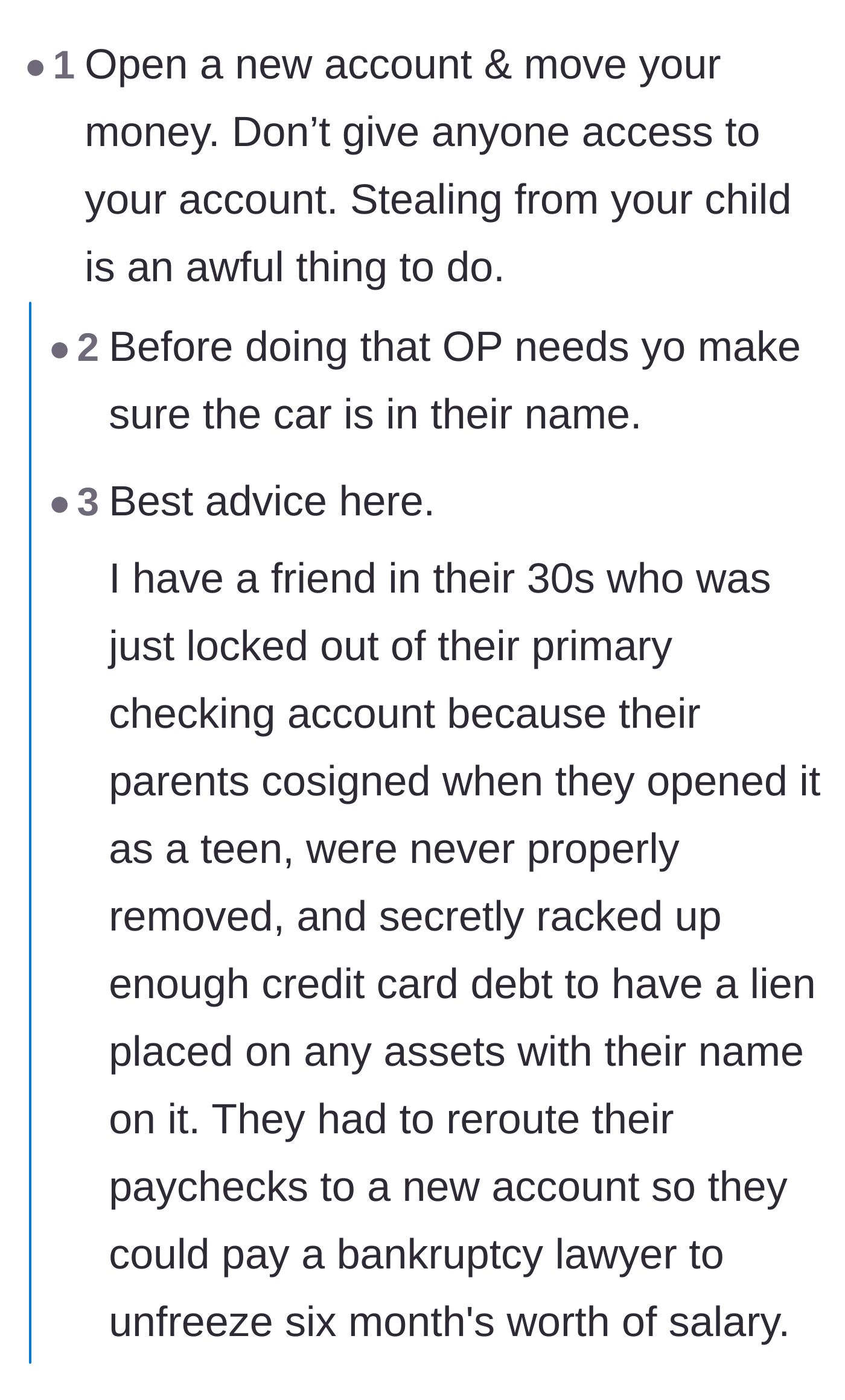 Comment thread 2 - A warning story about a thirty-year-old having their wages frozen because of a childhood joint account tied to their parents' debts.