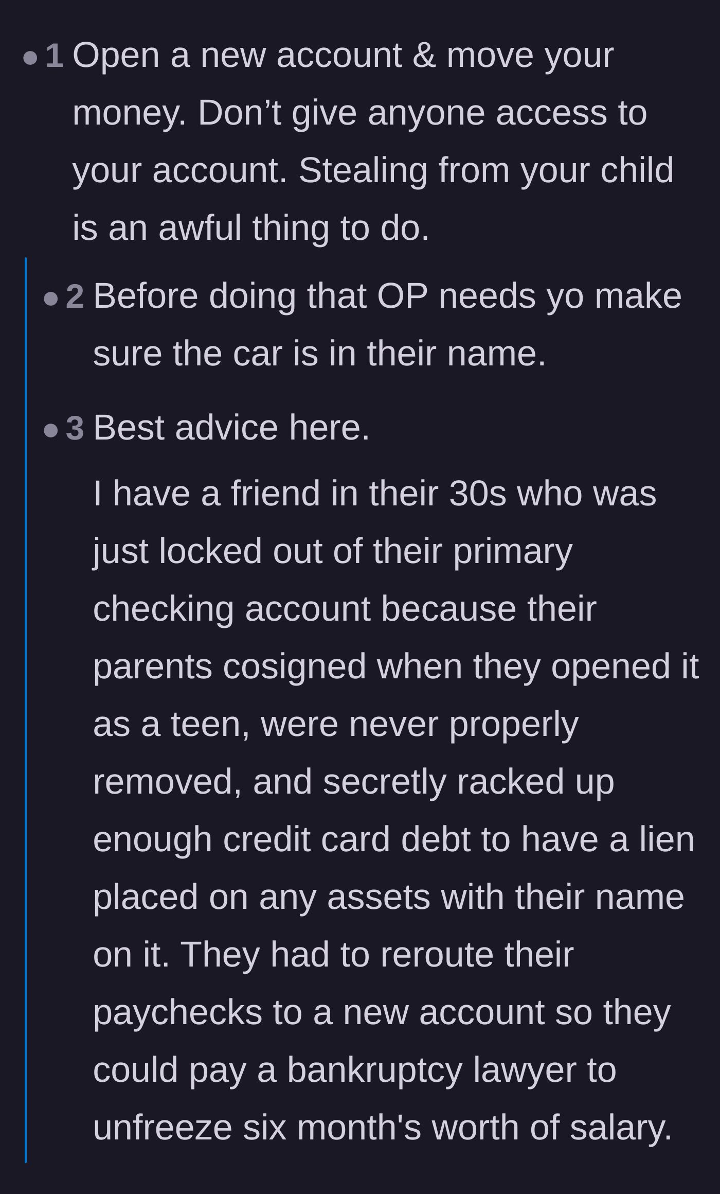 Comment thread 2 - A warning story about a thirty-year-old having their wages frozen because of a childhood joint account tied to their parents' debts.