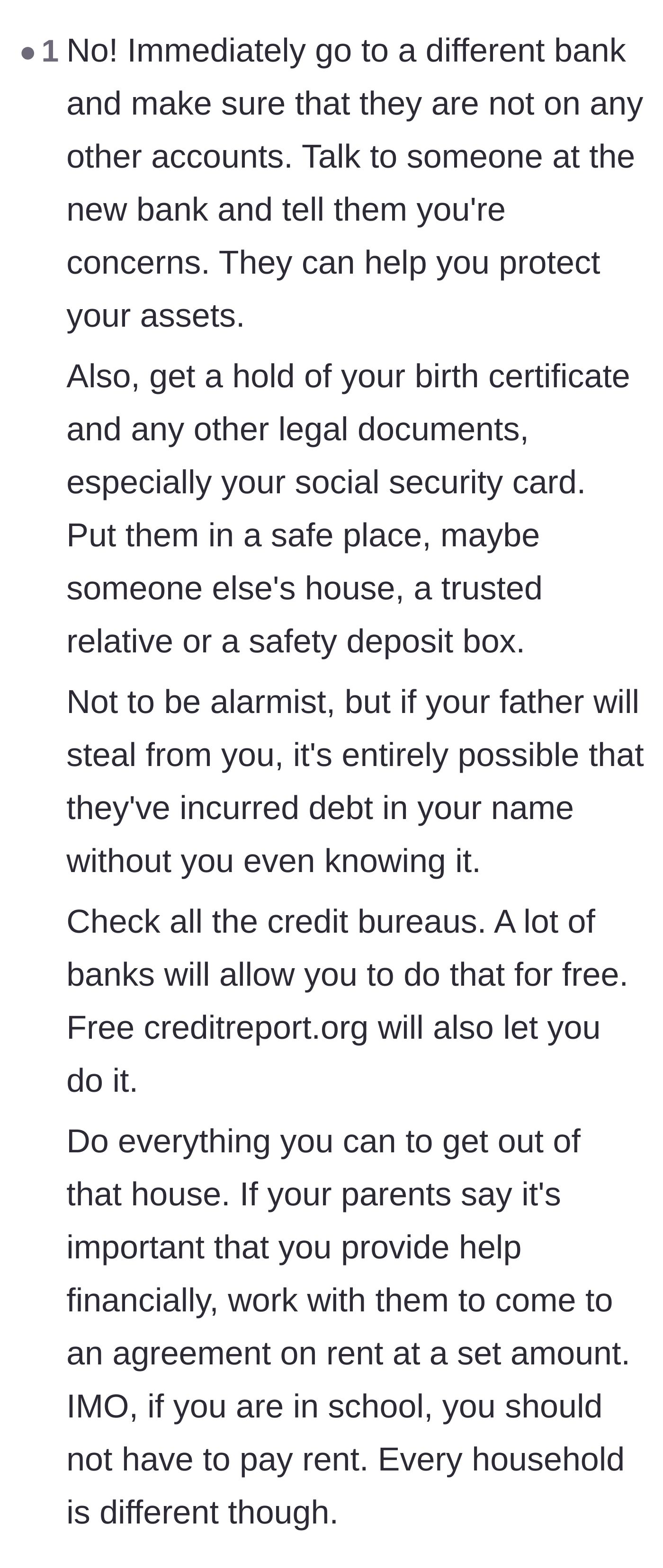 Comment thread 6 - Steps for securing personal identification documents and checking credit history for secret parental loans.