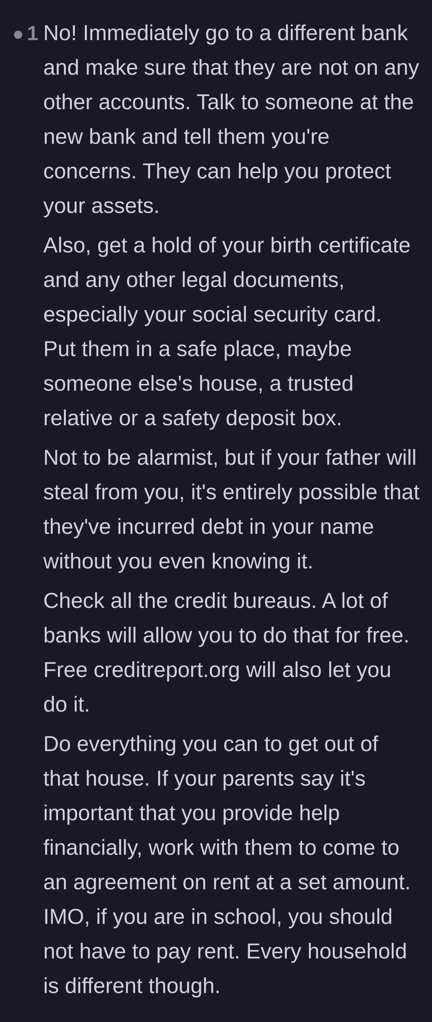 Comment thread 6 - Steps for securing personal identification documents and checking credit history for secret parental loans.