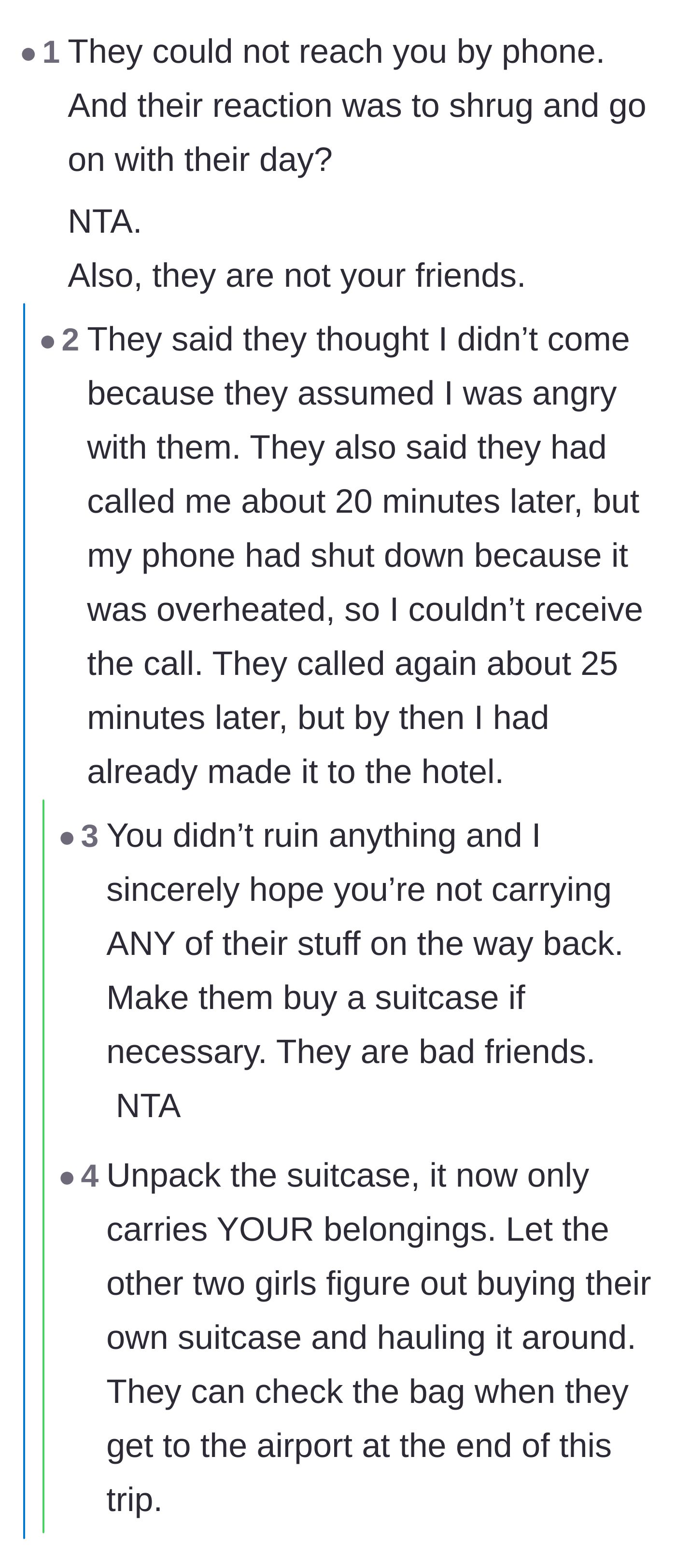 Comment thread 1 - Readers dissecting the friends' lack of concern and suggesting the main character pack her own things and offer them garbage bags.