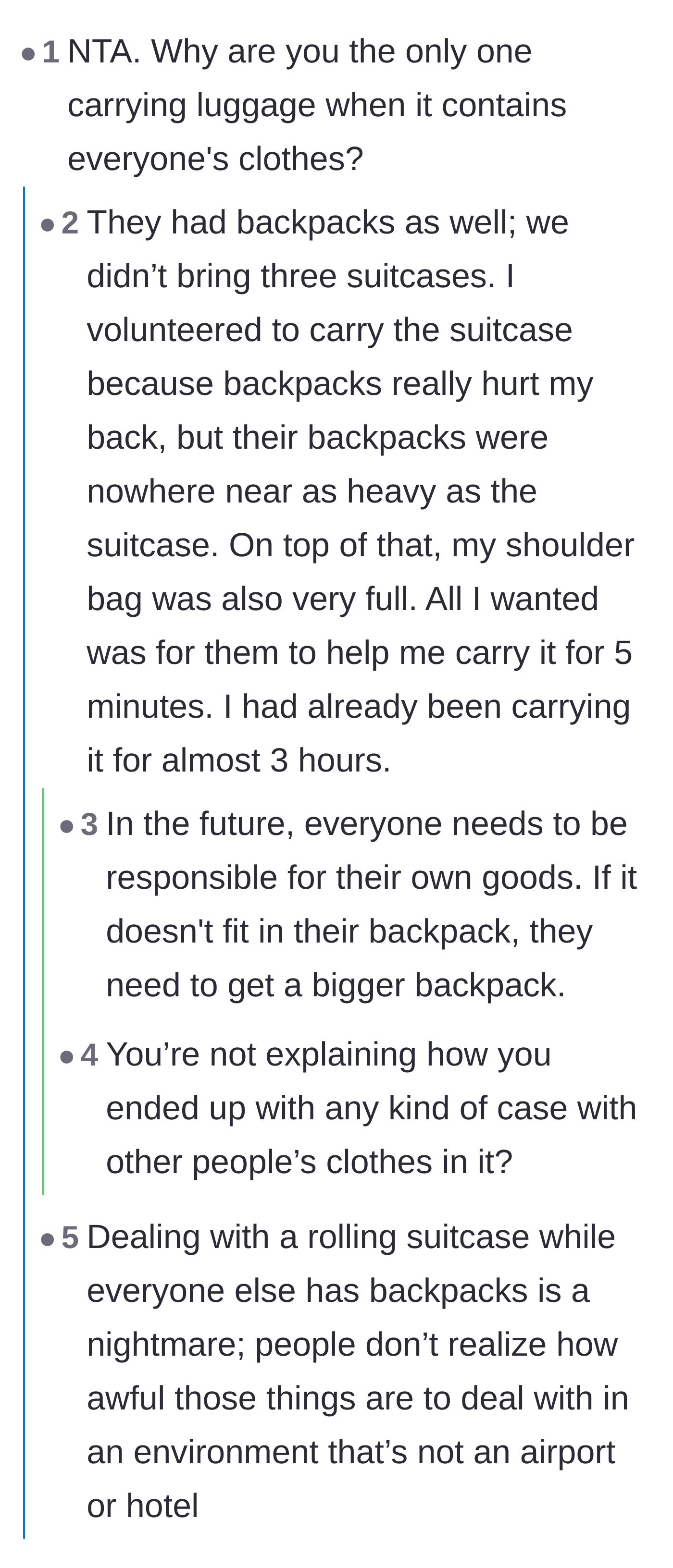 Comment thread 3 - A debate over the logistics of sharing one suitcase and the harsh reality of dragging rolling luggage through city streets.