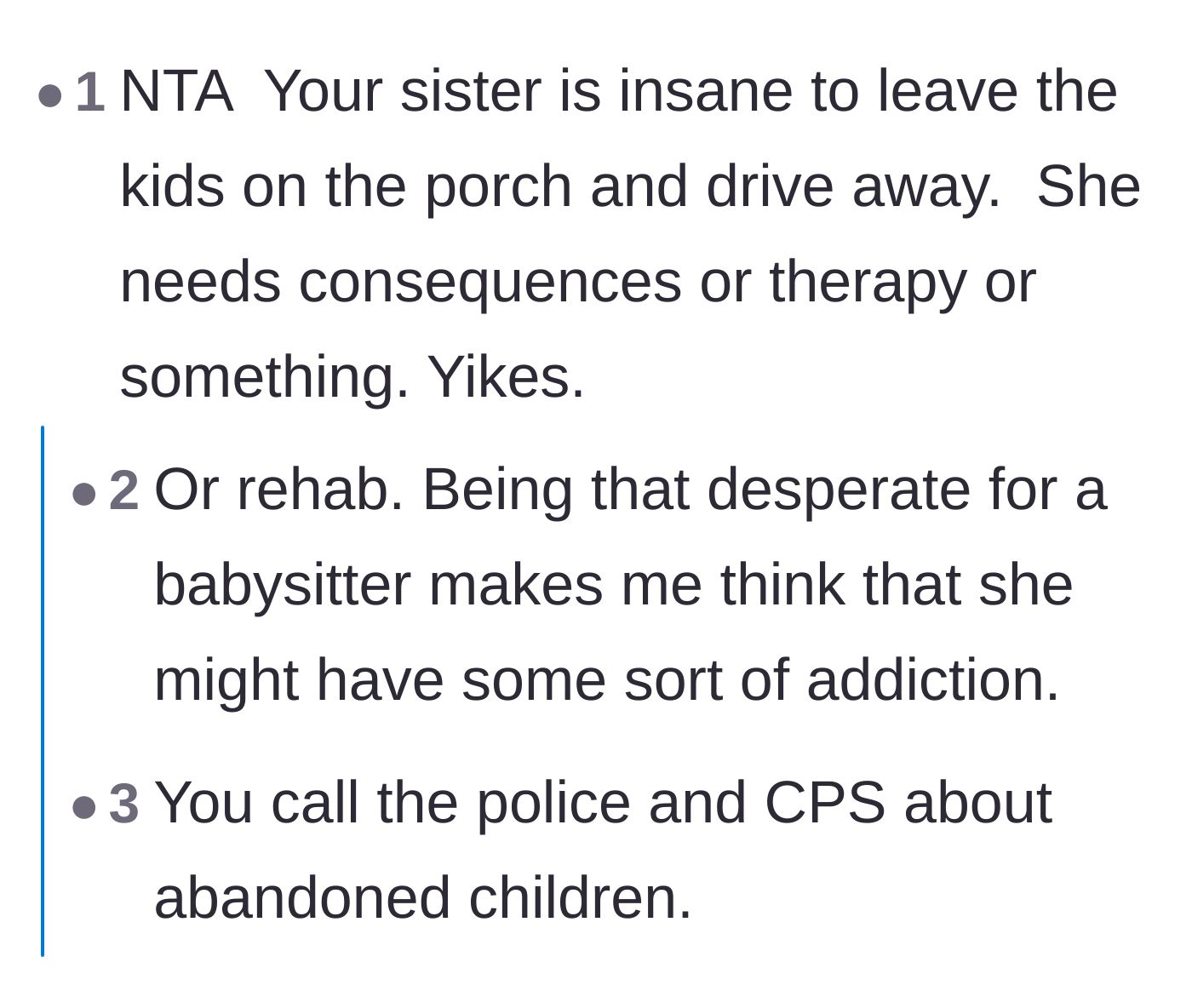 Comment thread 1 - Readers debating whether the sister needs rehab, therapy, or an immediate visit from child protective services.