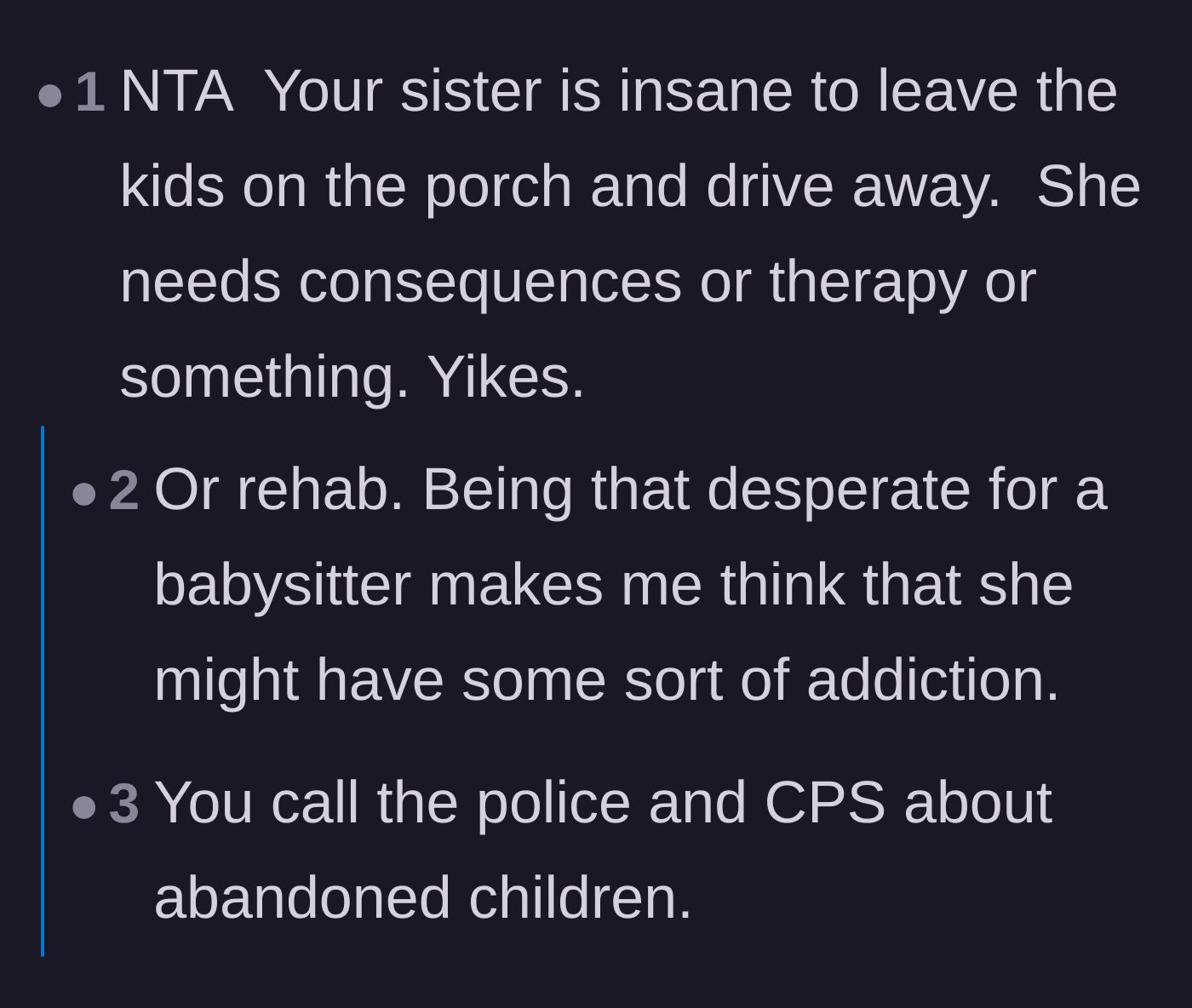 Comment thread 1 - Readers debating whether the sister needs rehab, therapy, or an immediate visit from child protective services.