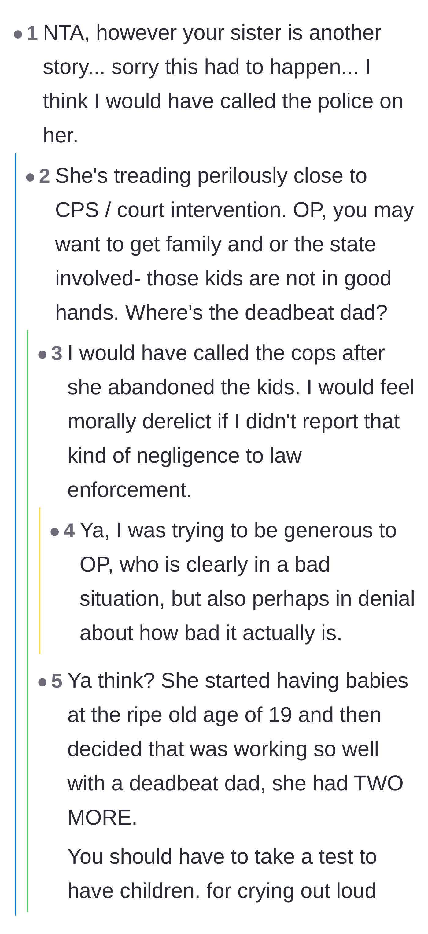 Comment thread 2 - Discussion about the sister's pattern of poor life choices and the entirely absent father.