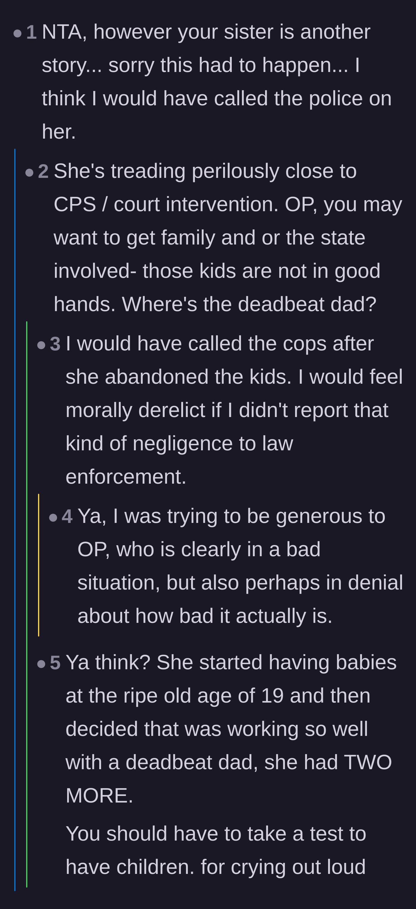 Comment thread 2 - Discussion about the sister's pattern of poor life choices and the entirely absent father.