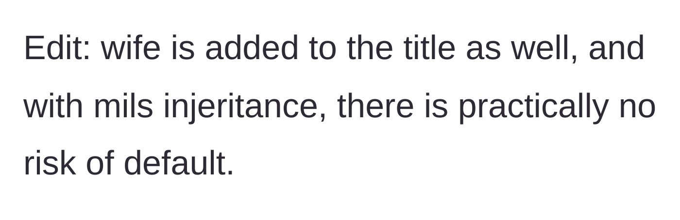Story part 10 - Confirmation that the wife is officially on the property title, securing her investment.